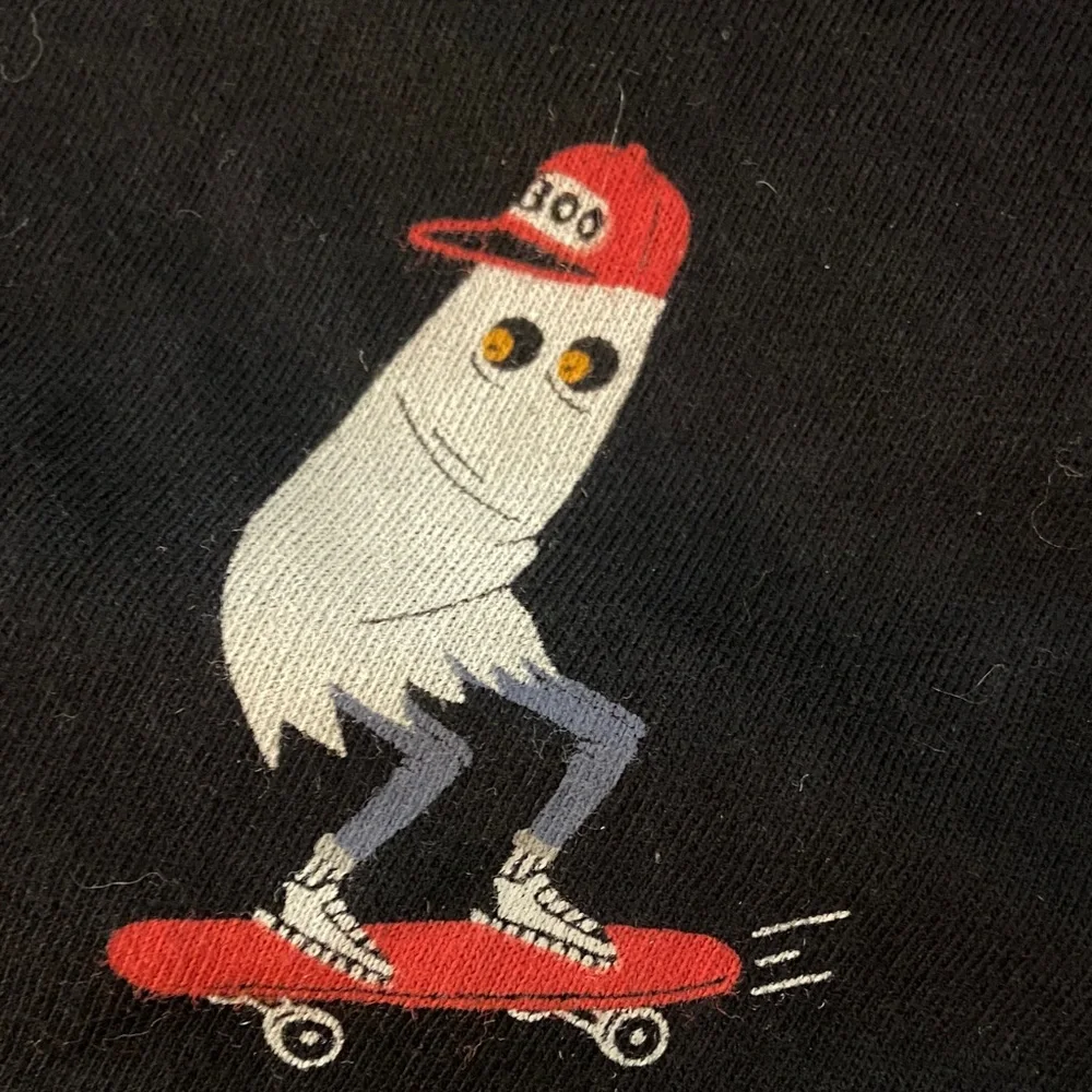 Old Navy Black Tee with Red & Cream Skateboarding Ghosts XL (14-16)